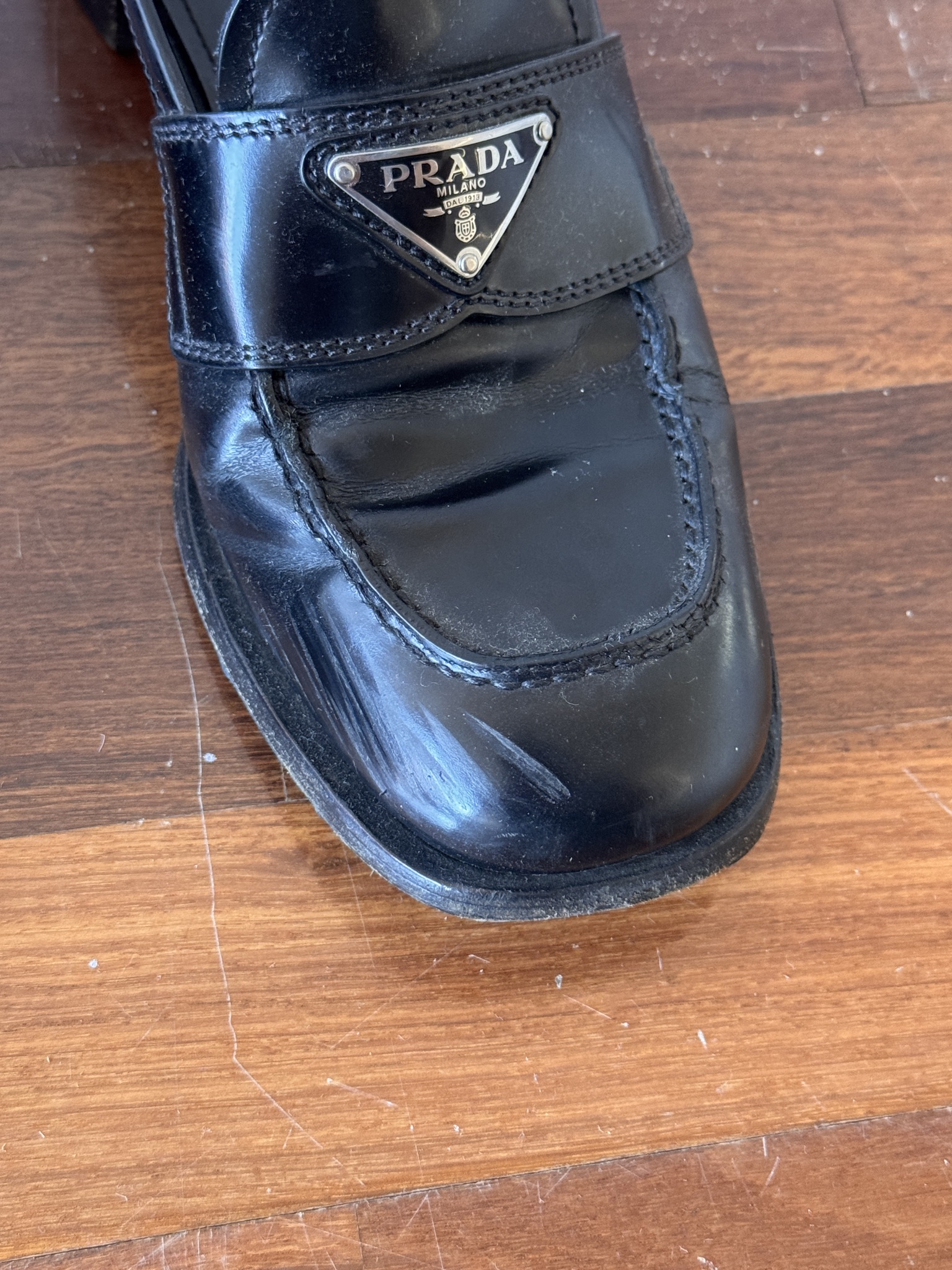 Prada Black Logo Plaque Leather Loafers thumbnail 2