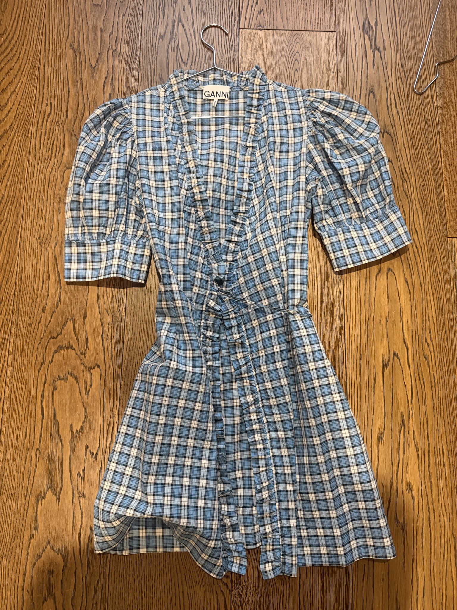 Ganni Blue Plaid Puff Sleeve Wrap Dress (Size 36)