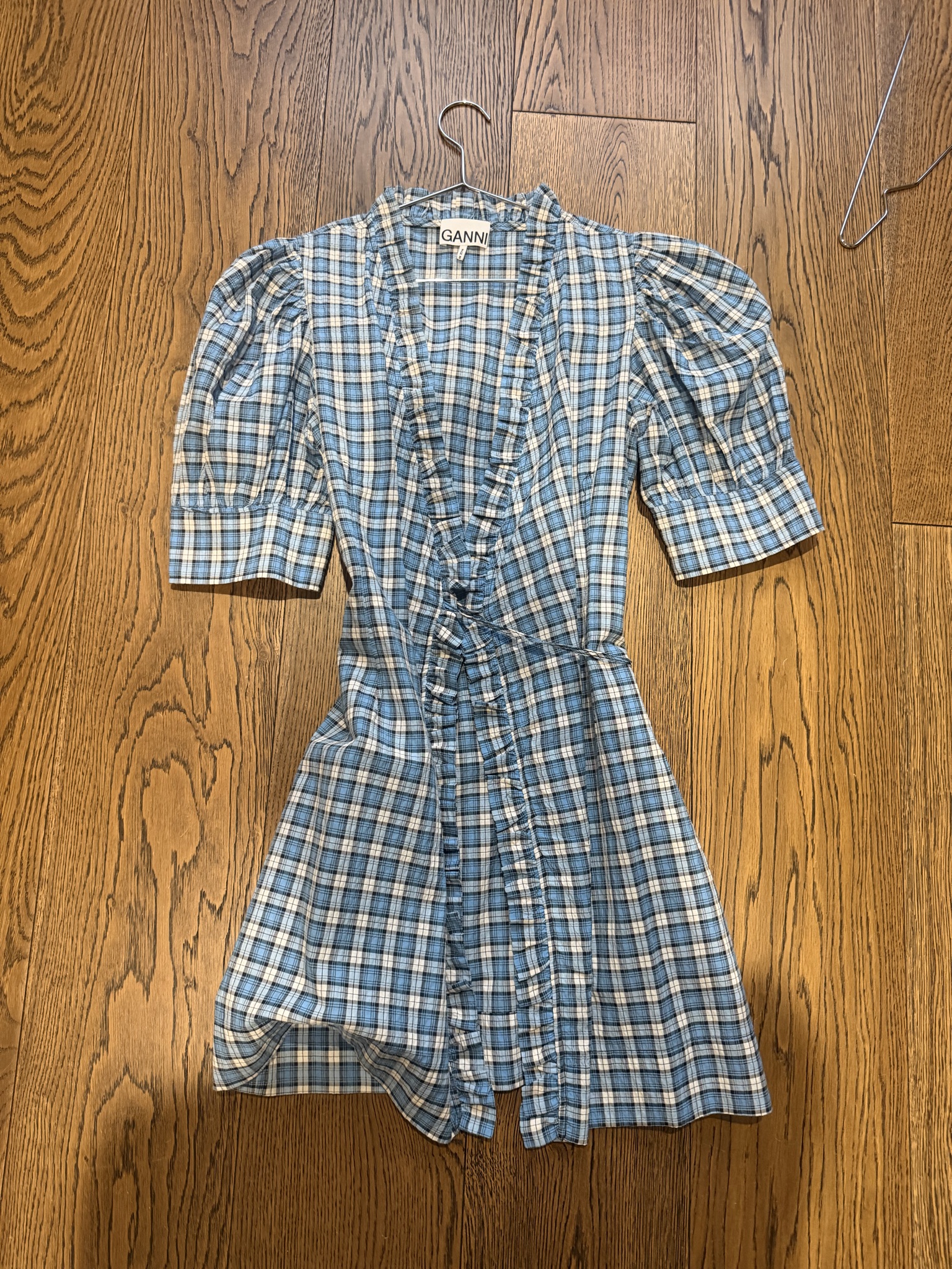 Ganni Blue Plaid Puff Sleeve Wrap Dress (Size 36) thumbnail 2