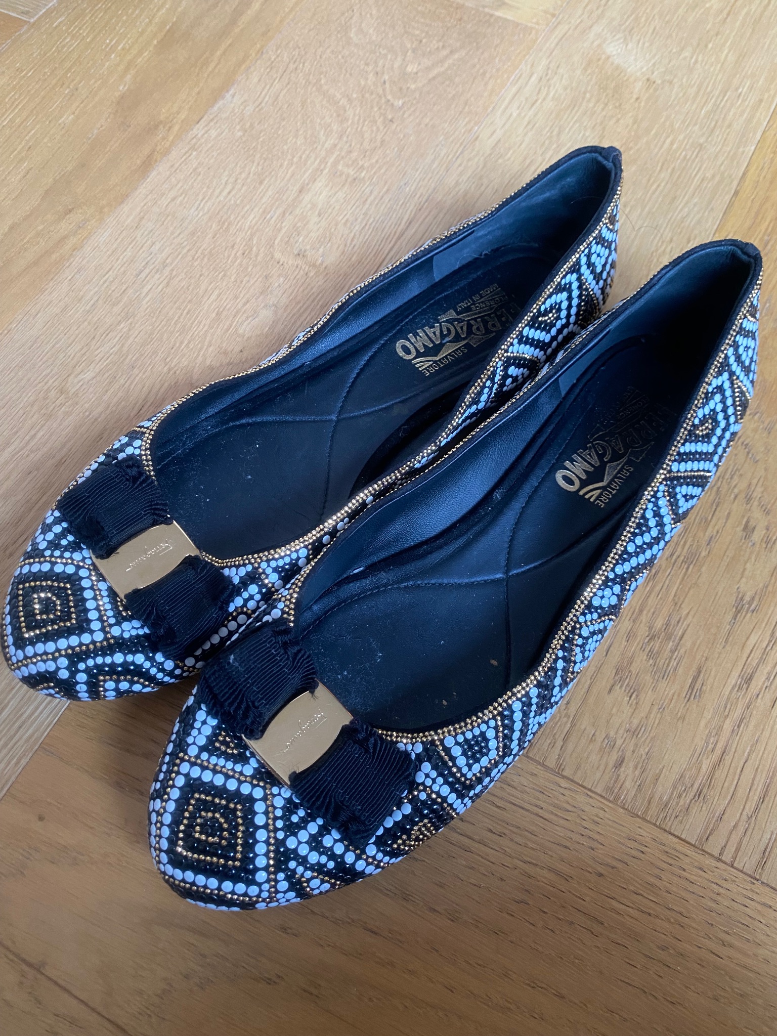 Salvatore Ferragamo Black Beaded Ballet Flats Size AU 9